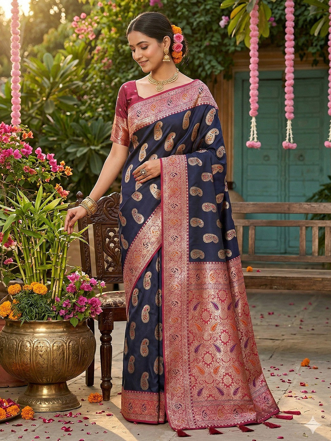 Elegant Blue Silk Blend Saree with Paisley Design - Image 1