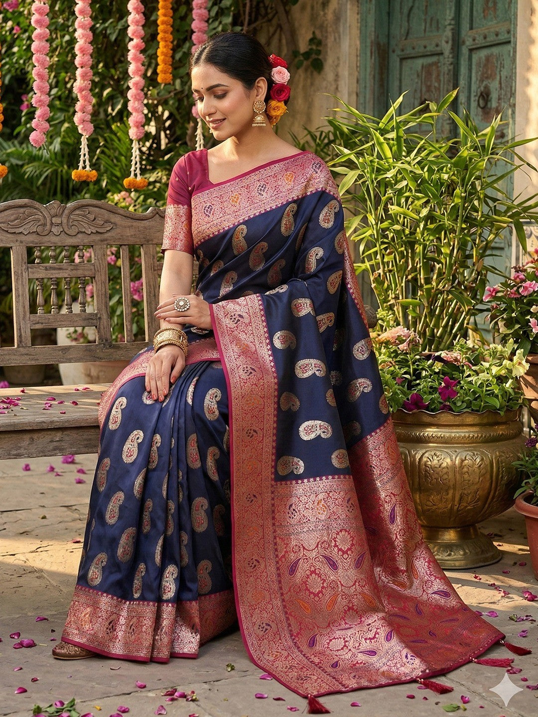 Elegant Blue Silk Blend Saree with Paisley Design - Image 3