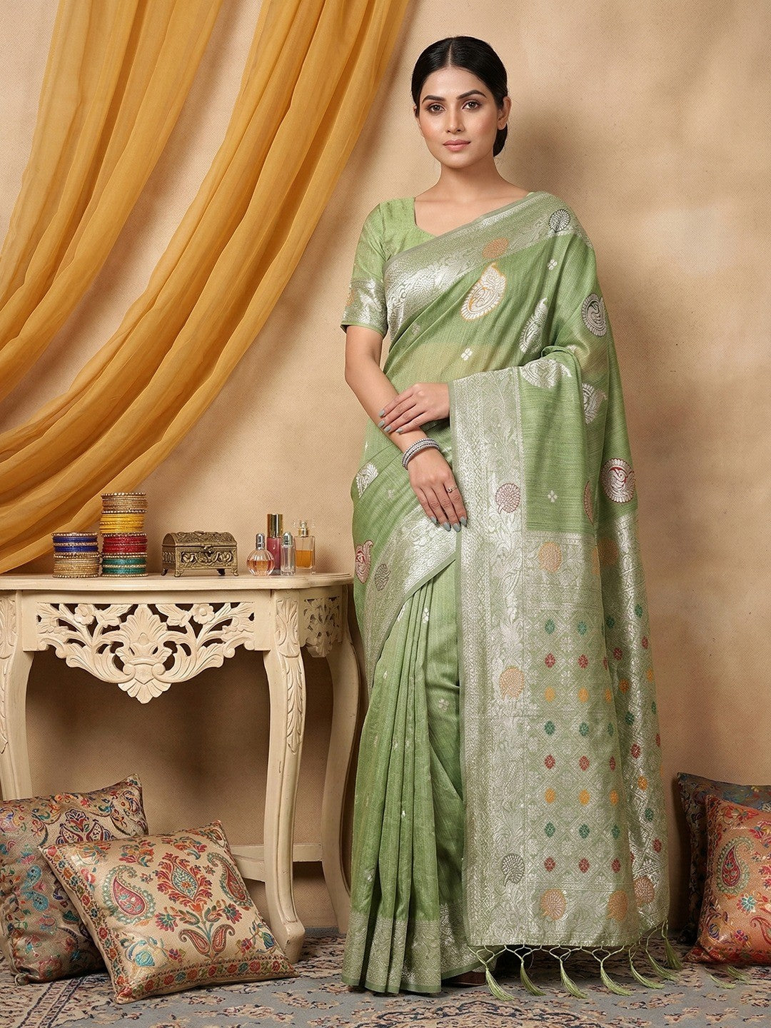 Elegant Green Silk Blend Saree with Silver Zari Work - Image 1