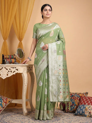 Elegant Green Silk Blend Saree with Silver Zari Work - Image 2