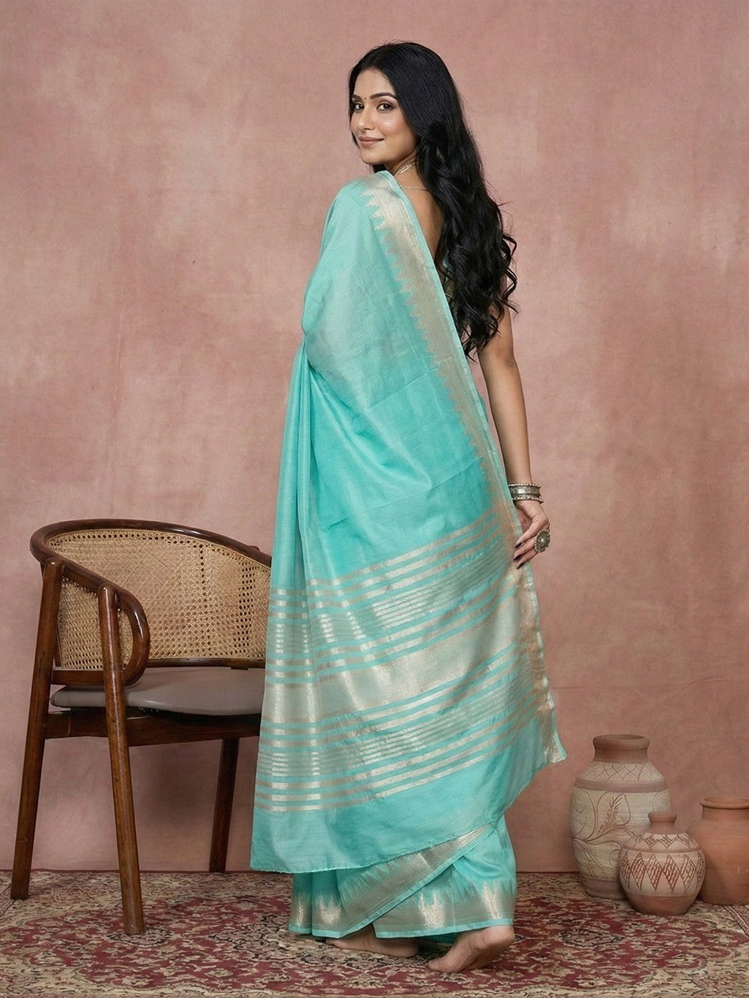Festive Wear Turquoise Silk Blend Saree with Beautiful Silver Zari Border - Image 3