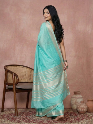 Festive Wear Turquoise Silk Blend Saree with Beautiful Silver Zari Border - Image 2