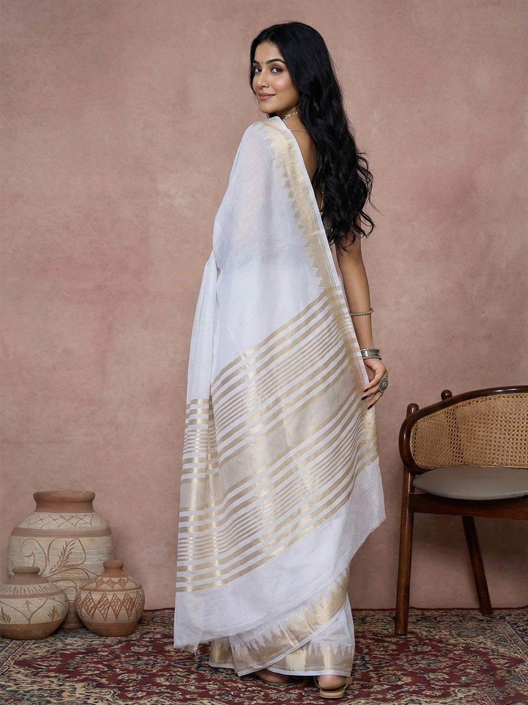 Ethnic White Silk Blend Saree with Graceful Golden Border Finish - Image 3