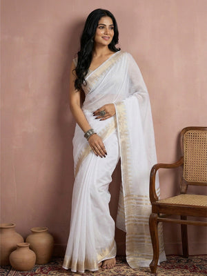 Ethnic White Silk Blend Saree with Graceful Golden Border Finish - Image 2