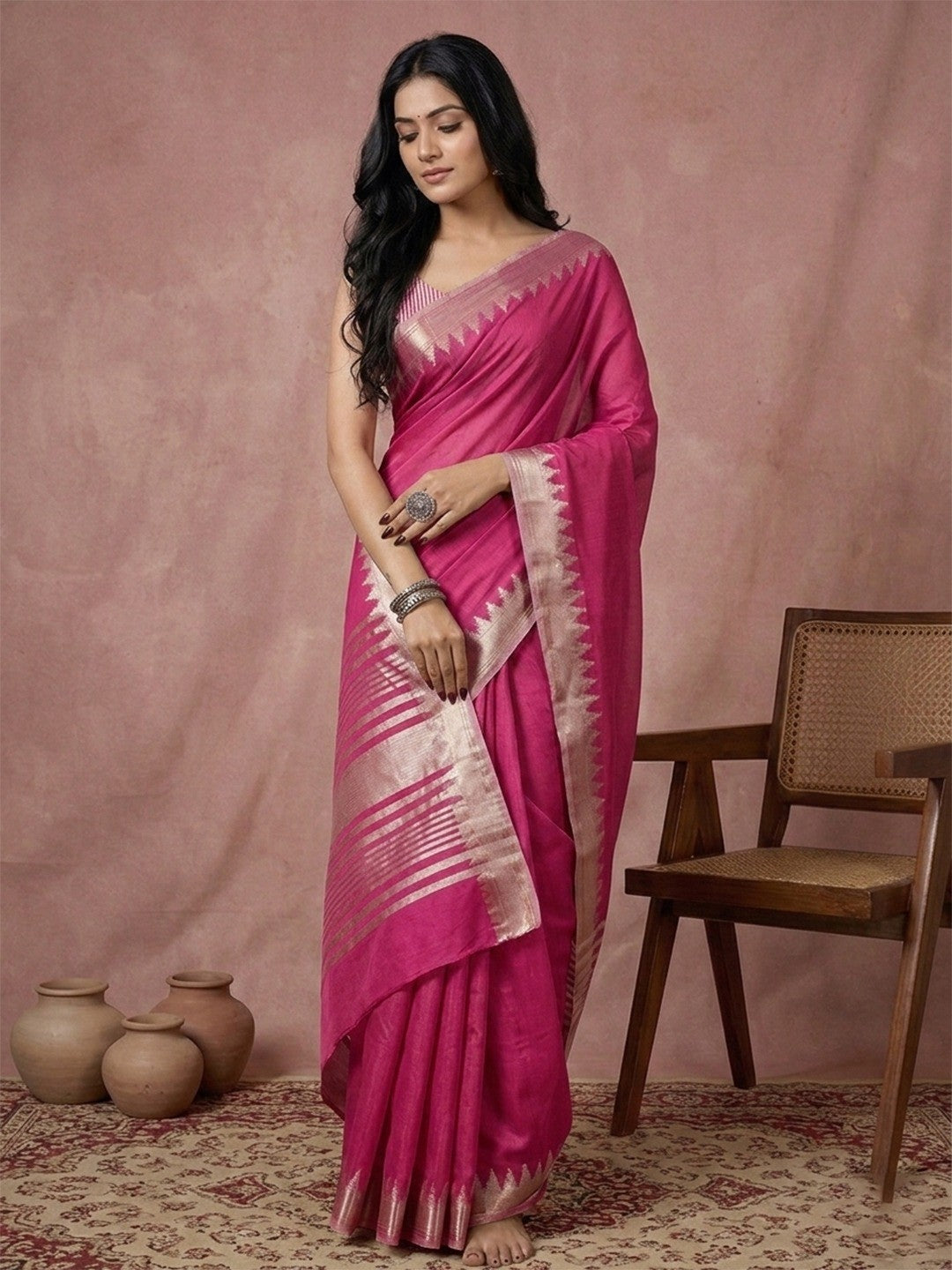 Festive Wear Pink Cotton Silk Saree with Beautiful Silver Zari Border - Image 3