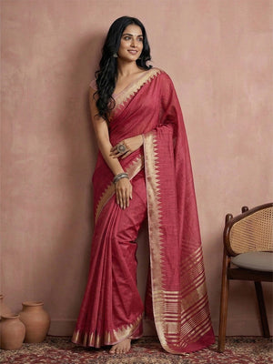 Elegant Maroon Cotton Silk Saree with Golden Border Detailing - Image 1