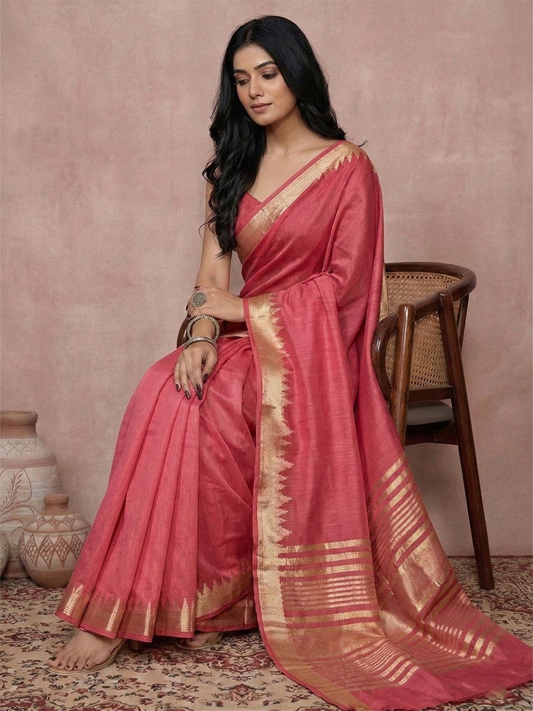 Elegant Maroon Cotton Silk Saree with Golden Border Detailing - Image 2