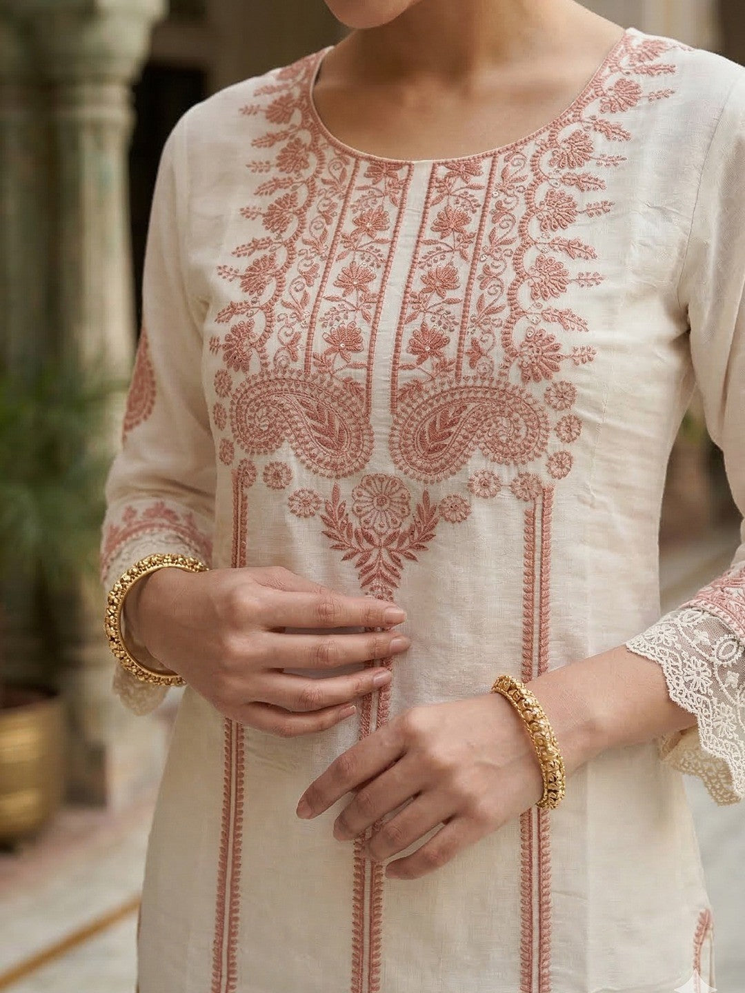 Designer White Mul Chanderi A-Line Salwar Suit with Elegant Embroidery Work - Image 4