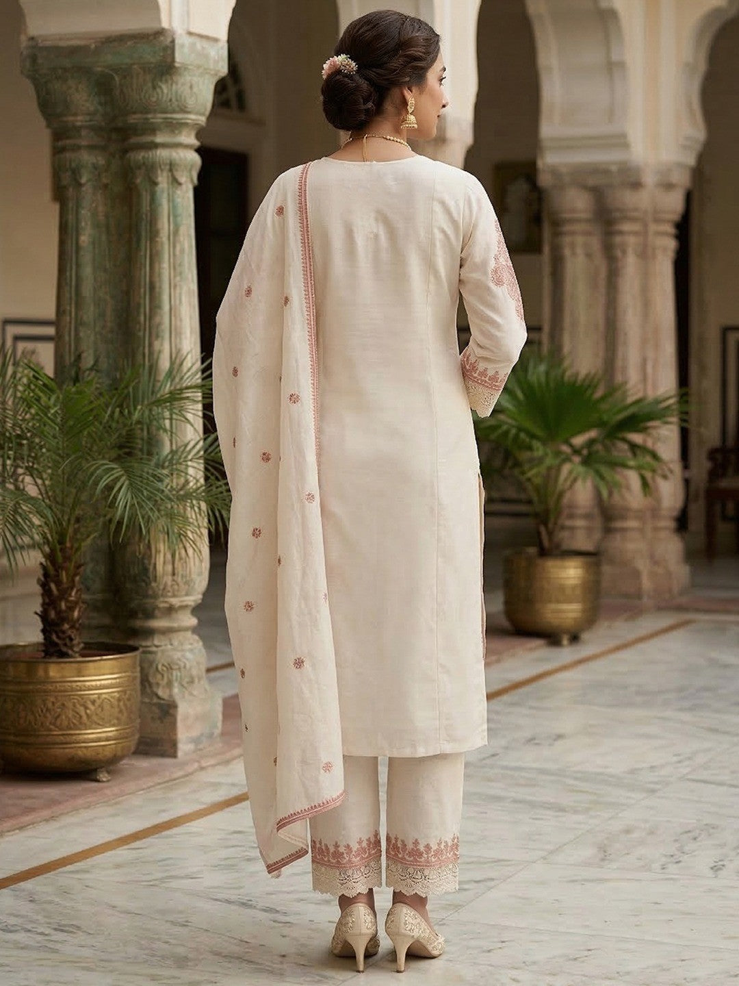 Designer White Mul Chanderi A-Line Salwar Suit with Elegant Embroidery Work - Image 3