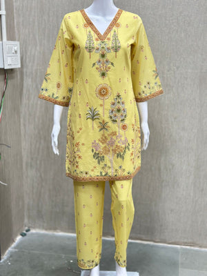 Peachmode Yellow Pure Cotton Floral Printed Sharara Salwar Suit Set - Image 2