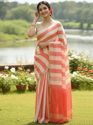 Lightweight Peach Linen Saree with Stylish Striped Motif Design - Image 1