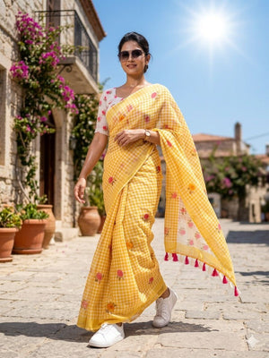 Yellow Checked Linen Saree with Floral Print and Tassels - Image 1