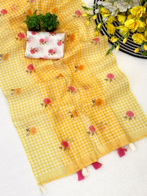 Yellow Checked Linen Saree with Floral Print and Tassels - Image 2