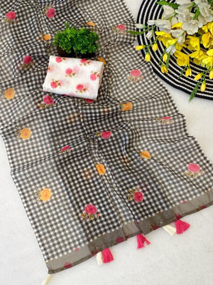 Black Linen Saree with Checked Print and Floral Motifs - Image 2