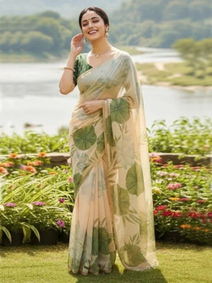 Elegant Beige Linen Saree with Lotus Print and Zari Border - Image 1