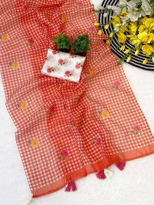 Red Lightweight Linen Saree with Floral Motifs - Image 2