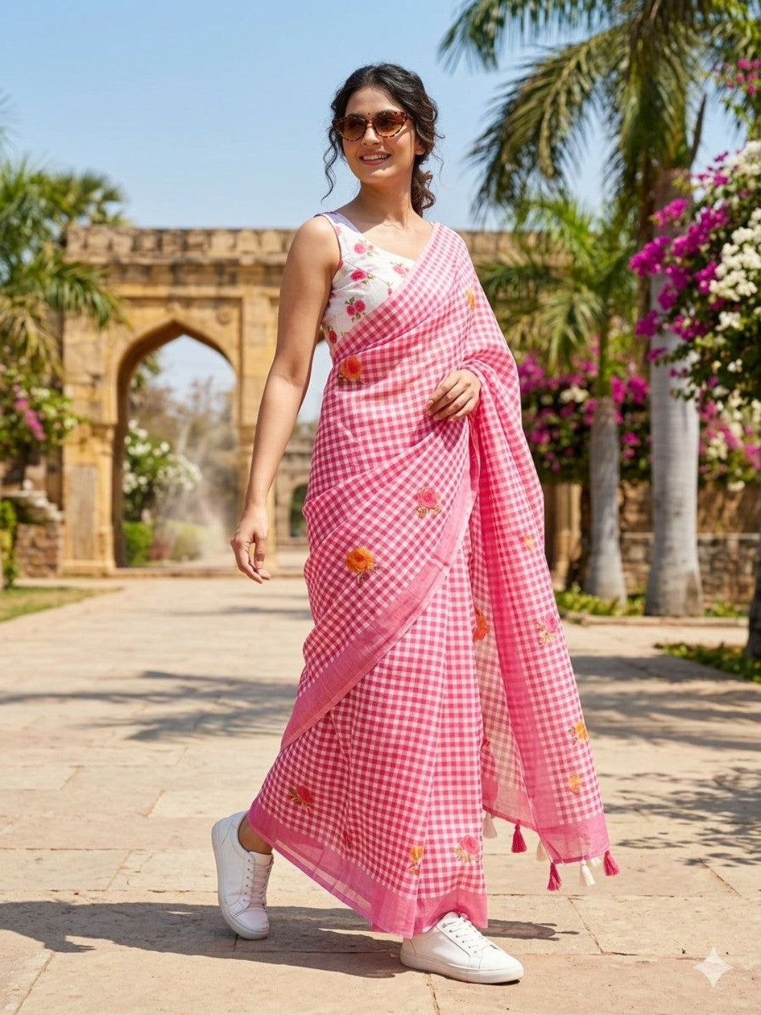 Pink Linen Saree with Elegant Checked Pattern and Floral Motifs - Image 1