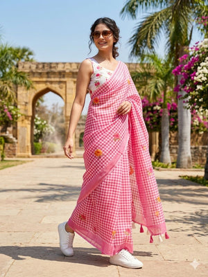 Pink Linen Saree with Elegant Checked Pattern and Floral Motifs - Image 1