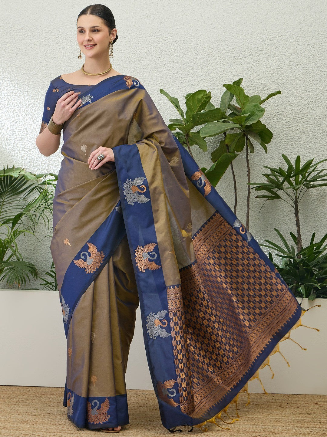 Bronze Gold Handloom Silk Saree with Intricate Peacock Motif Work - Image 1