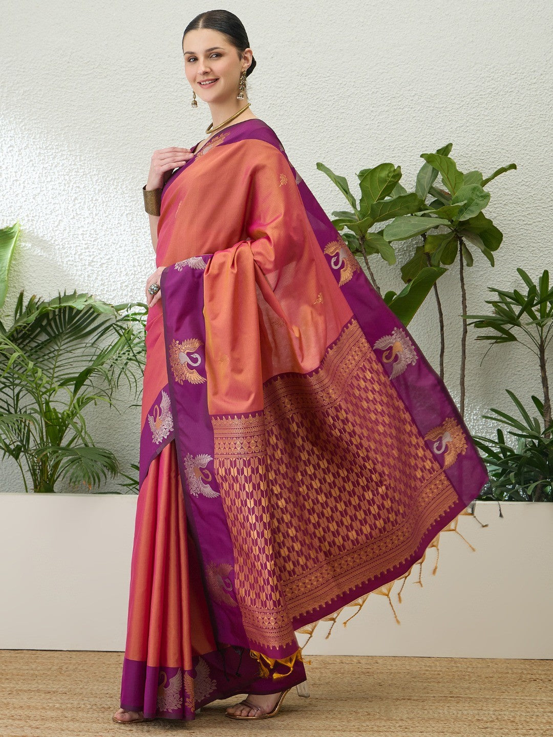 Elegant Burnt Orange Handloom Silk Saree with Woven Design - Image 6