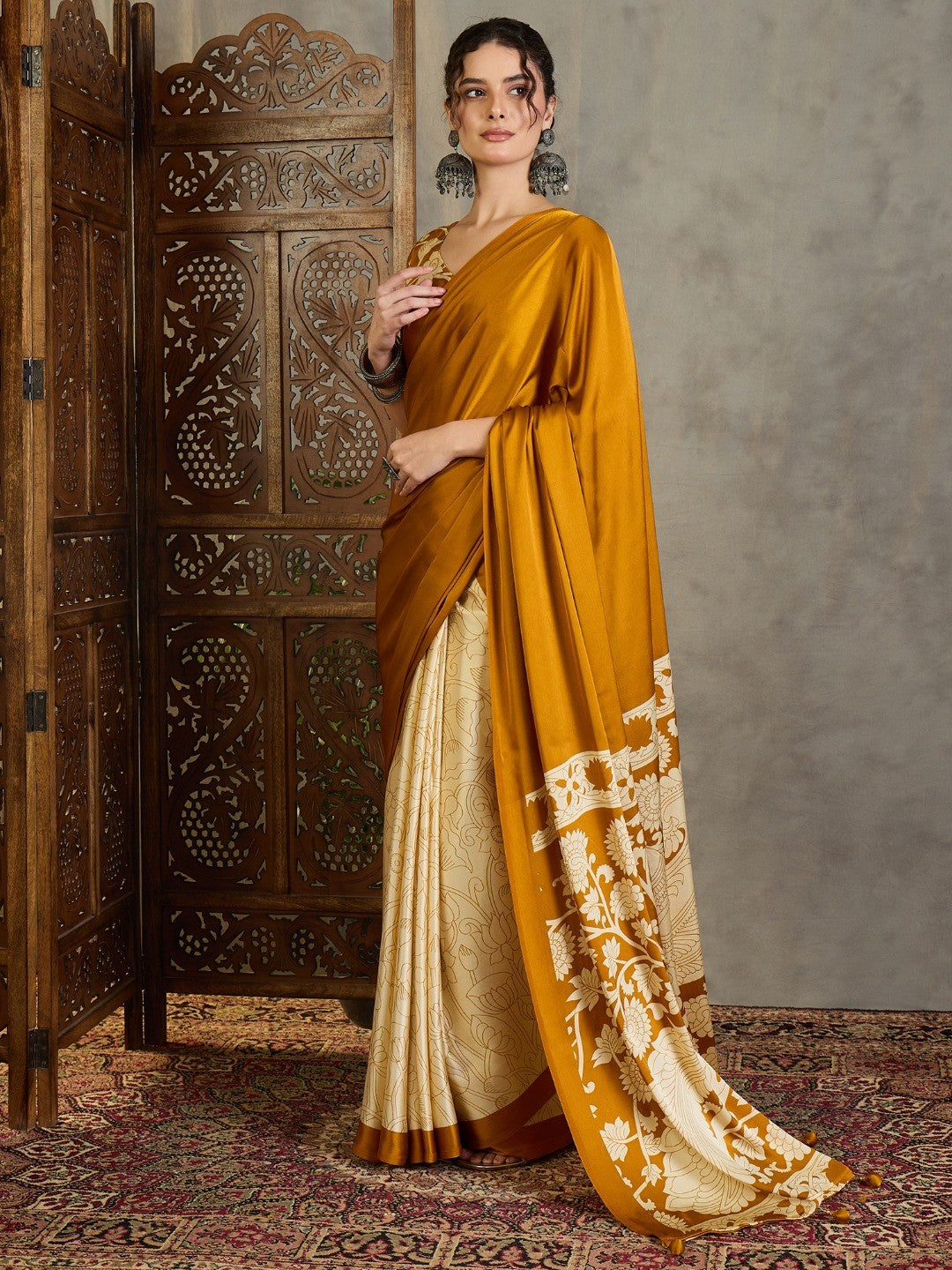 Ethnic Mustard  Satin Saree with Detailed Kalamkari Printed Design - Image 5