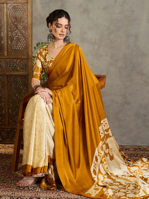 Ethnic Mustard  Satin Saree with Detailed Kalamkari Printed Design - Image 2