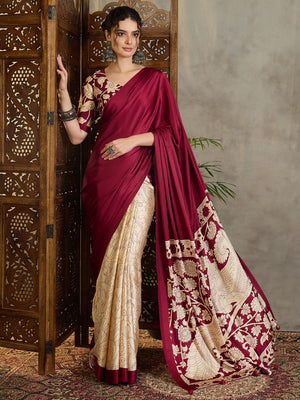 Ethnic Maroon Satin Saree with Detailed Kalamkari Printed Design - Image 1