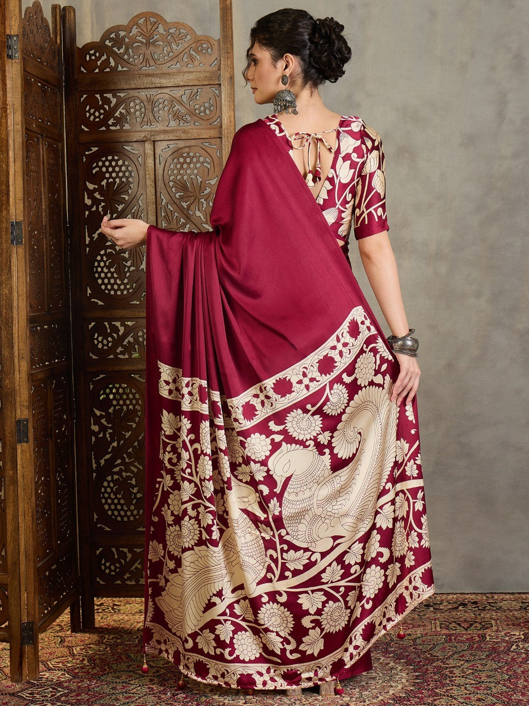 Ethnic Maroon Satin Saree with Detailed Kalamkari Printed Design - Image 6