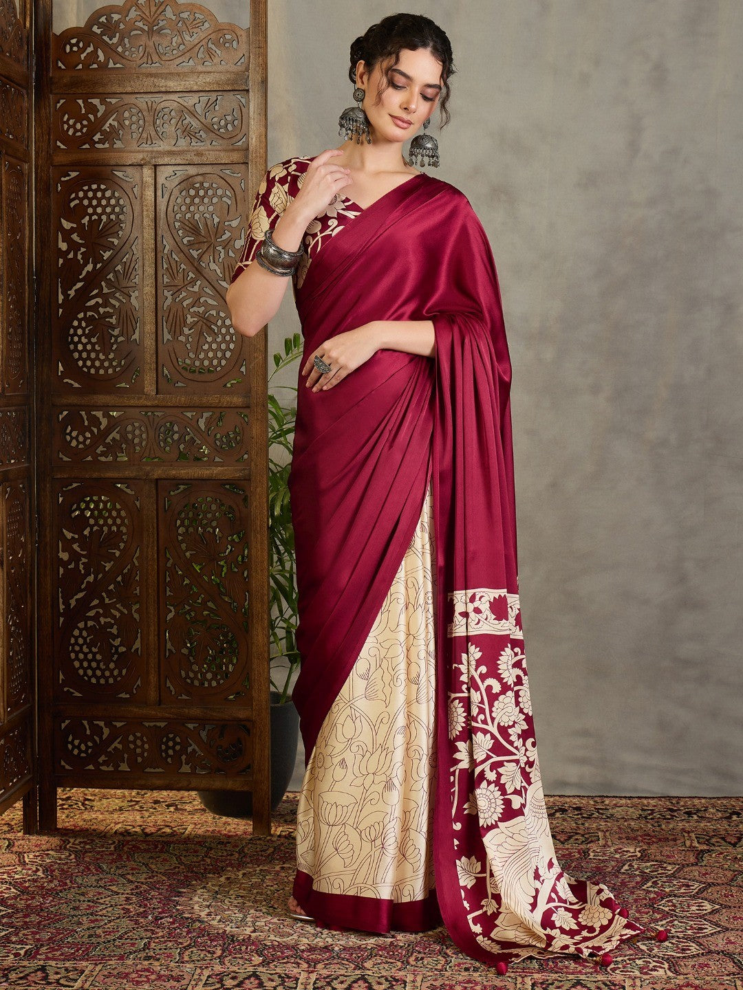 Ethnic Maroon Satin Saree with Detailed Kalamkari Printed Design - Image 5