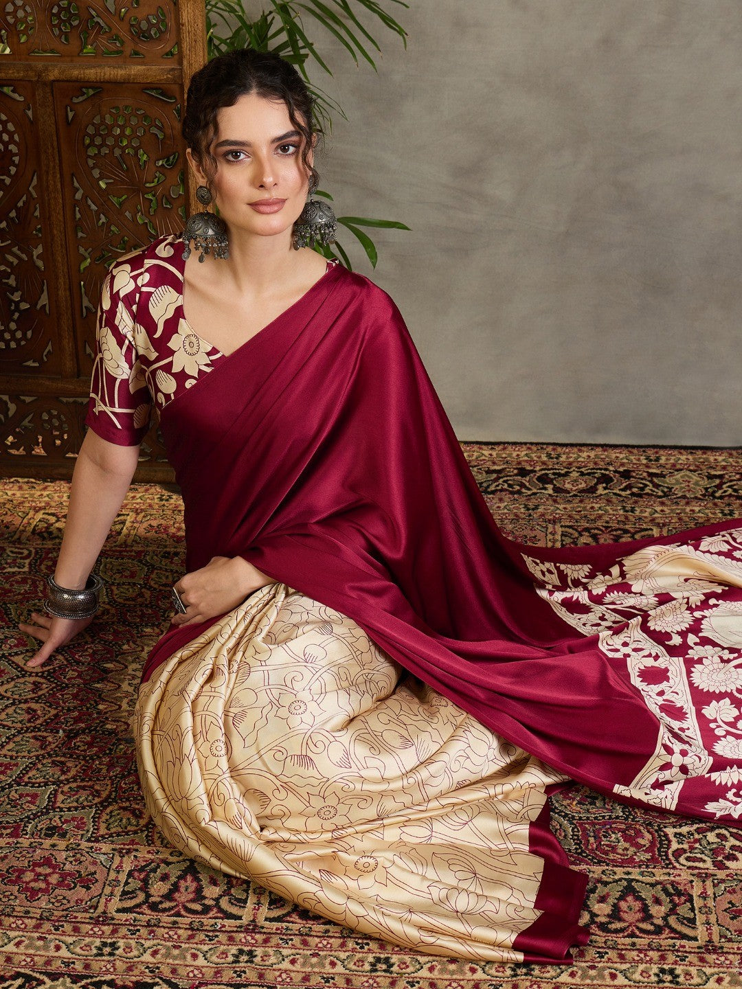 Ethnic Maroon Satin Saree with Detailed Kalamkari Printed Design - Image 4