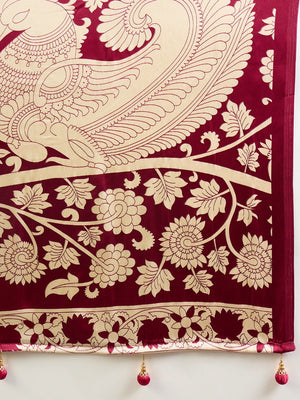 Ethnic Maroon Satin Saree with Detailed Kalamkari Printed Design - Image 2