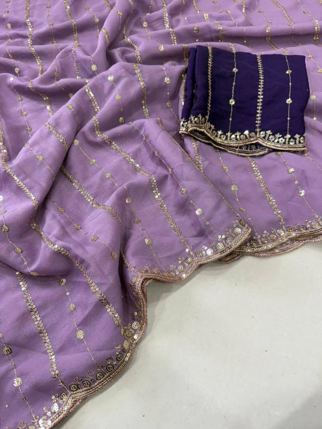 Stylish Lavender Stripe Pattern Georgette Saree With Shimmering Sequins Embroidery Work - Image 2