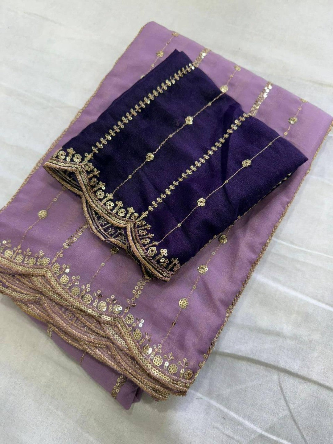 Stylish Lavender Stripe Pattern Georgette Saree With Shimmering Sequins Embroidery Work - Image 3
