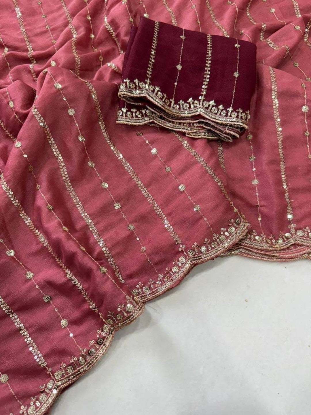 Stylish Dusty Rose Pink Stripe Pattern Georgette Saree With Shimmering Sequins Embroidery Work - Image 2