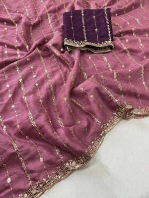 Stylish Wine Stripe Pattern Georgette Saree With Shimmering Sequins Embroidery Work - Image 2
