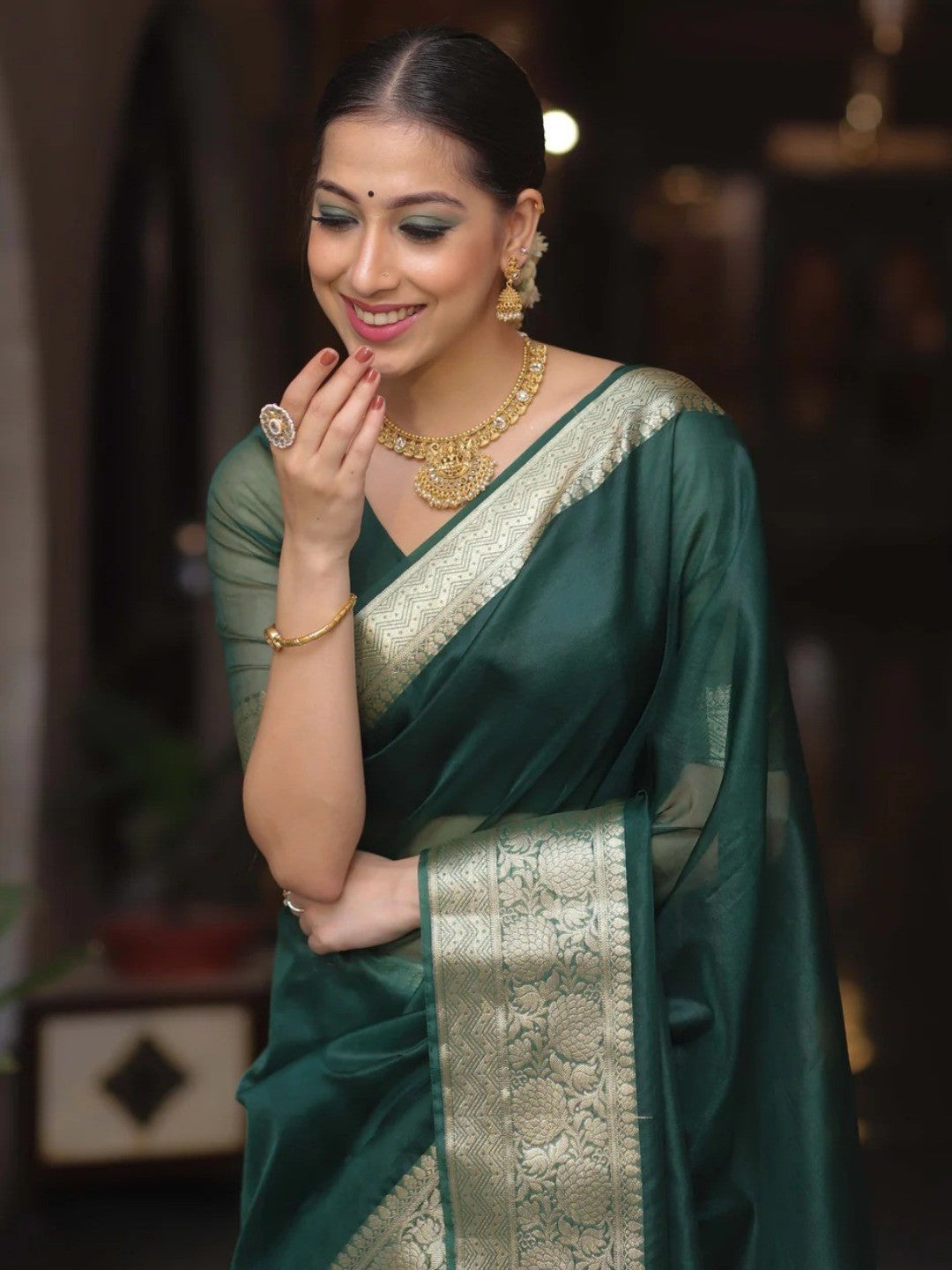Classic Dark Green Solid Organza Saree Featuring Floral Golden Zari Weaving Border - Image 6