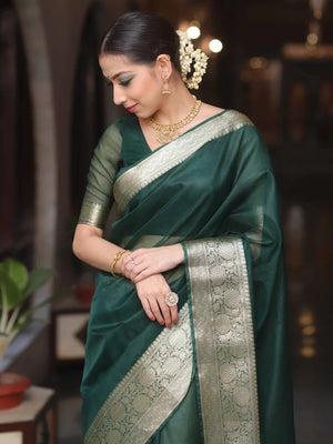 Classic Dark Green Solid Organza Saree Featuring Floral Golden Zari Weaving Border - Image 2