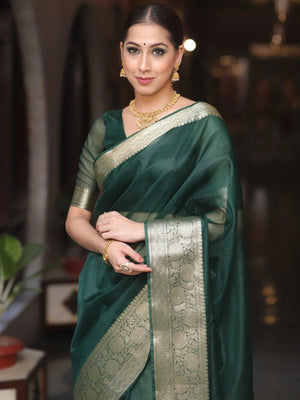 Classic Dark Green Solid Organza Saree Featuring Floral Golden Zari Weaving Border - Image 2