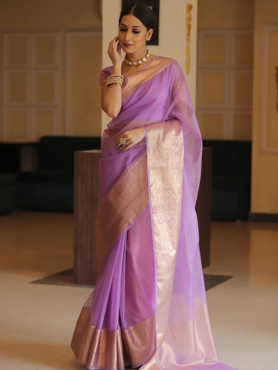 Classic Lavender Solid Organza Saree Featuring Floral Golden Zari Weaving Border - Image 8