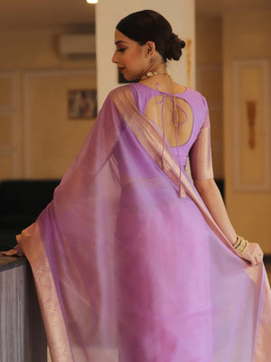 Classic Lavender Solid Organza Saree Featuring Floral Golden Zari Weaving Border - Image 2