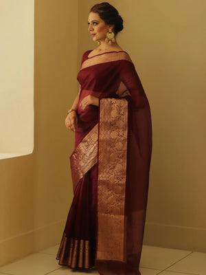 Classic Maroon Solid Organza Saree Featuring Floral Golden Zari Weaving Border - Image 2