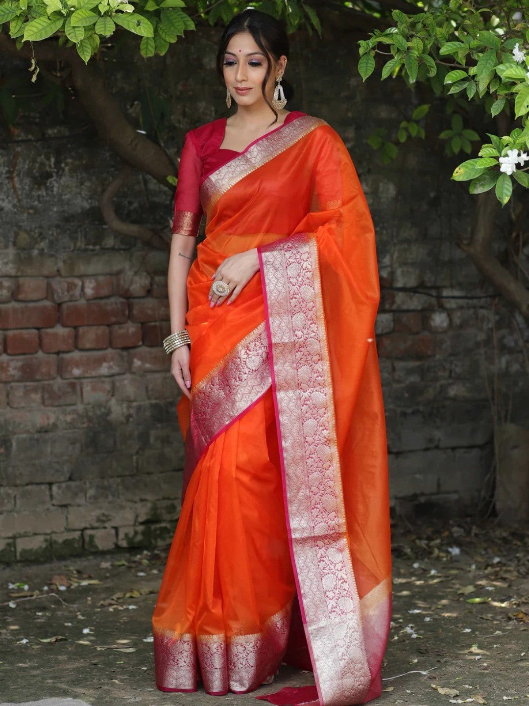 Classic Orange Solid Organza Saree Featuring Floral Golden Zari Weaving Border - Image 10