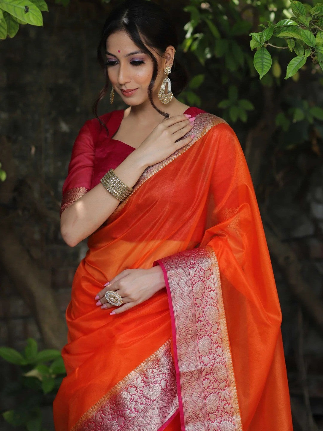 Classic Orange Solid Organza Saree Featuring Floral Golden Zari Weaving Border - Image 8