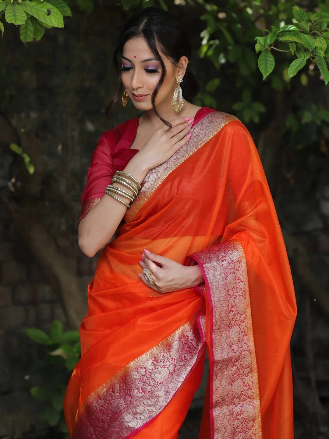 Classic Orange Solid Organza Saree Featuring Floral Golden Zari Weaving Border - Image 4