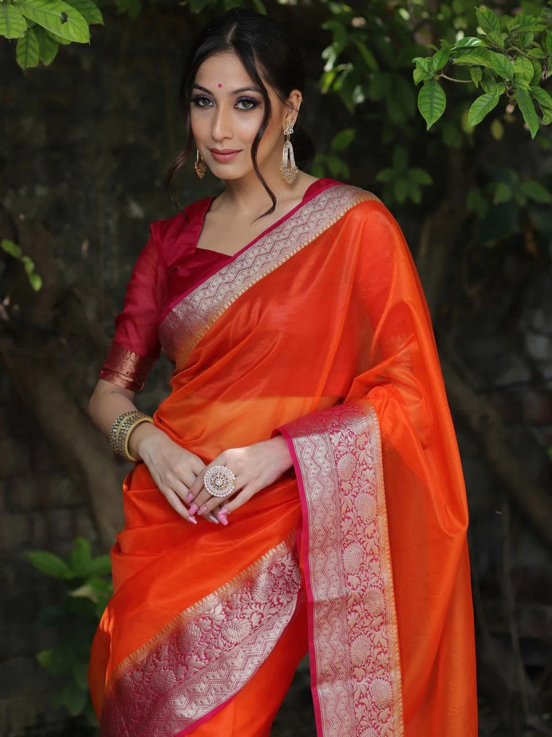 Classic Orange Solid Organza Saree Featuring Floral Golden Zari Weaving Border - Image 6