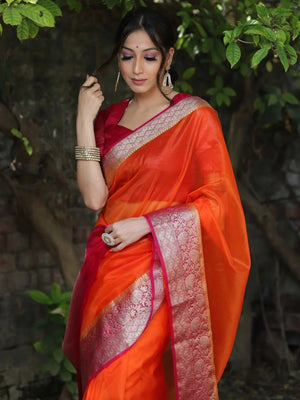 Classic Orange Solid Organza Saree Featuring Floral Golden Zari Weaving Border - Image 2