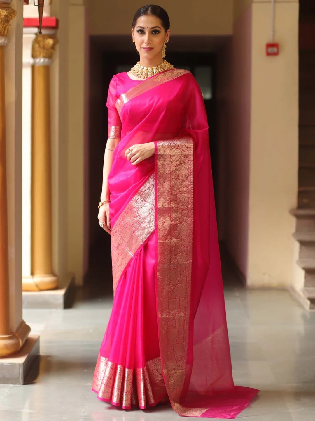 Classic Rani Pink Solid Organza Saree Featuring Floral Golden Zari Weaving Border - Image 8