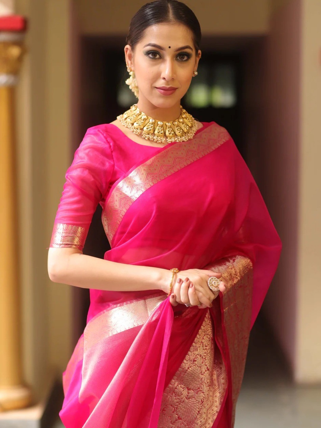 Classic Rani Pink Solid Organza Saree Featuring Floral Golden Zari Weaving Border - Image 6