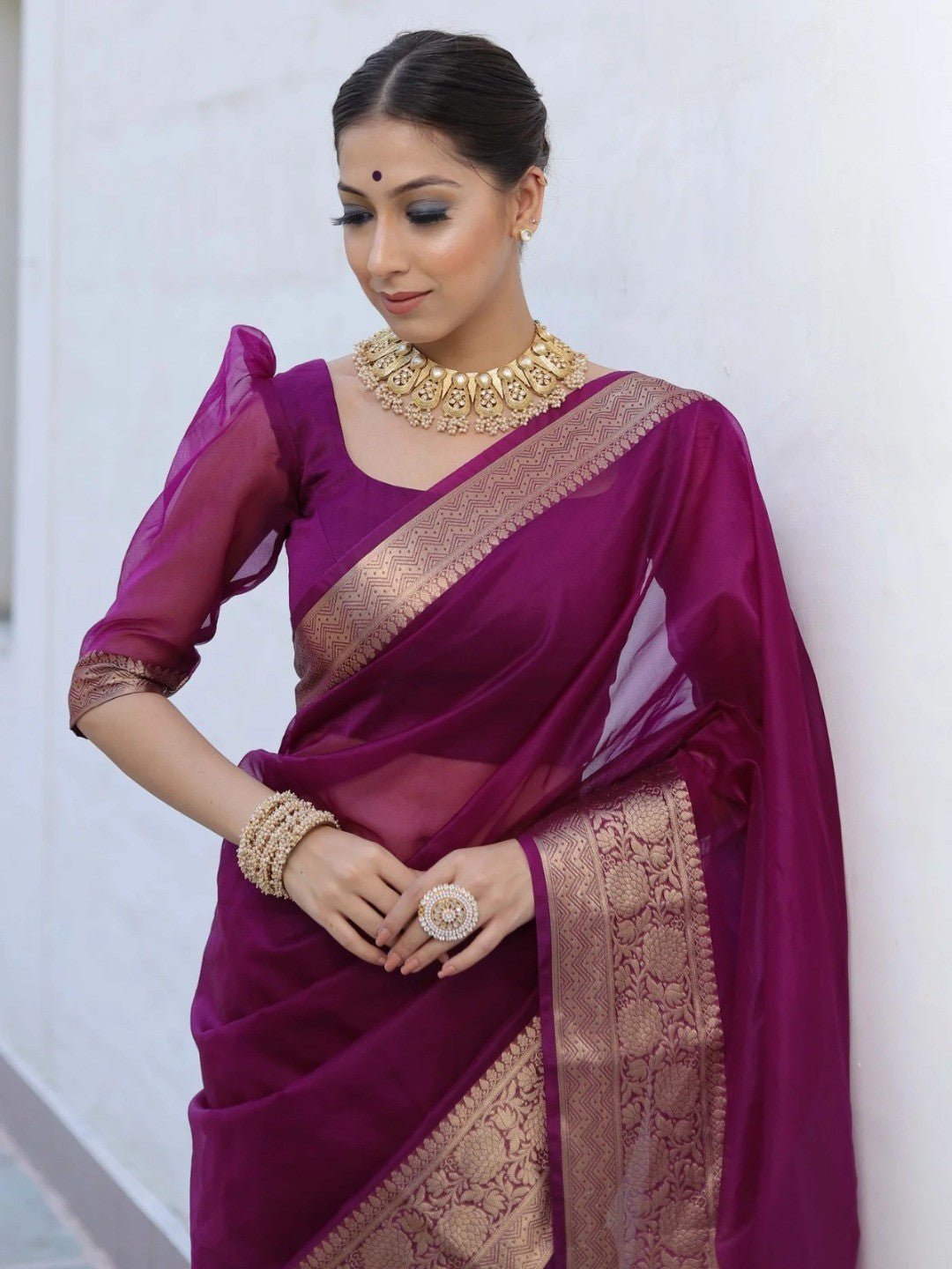 Classic Wine Solid Organza Saree Featuring Floral Golden Zari Weaving Border - Image 4