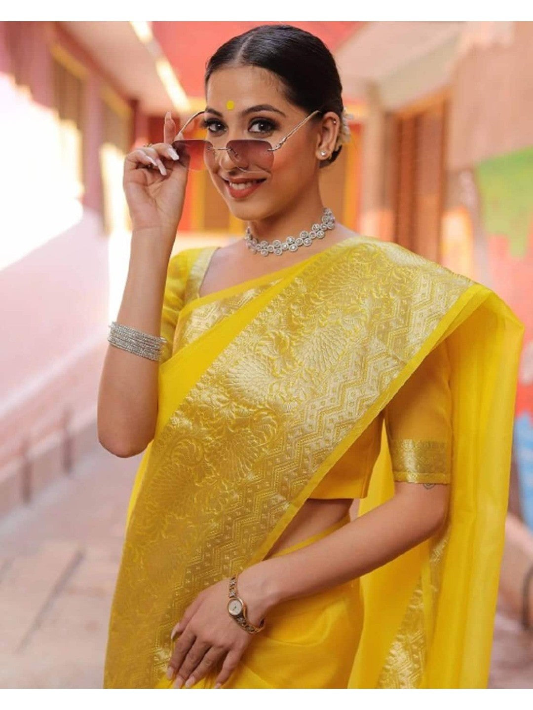 Classic Yellow Solid Organza Saree Featuring Floral Golden Zari Weaving Border - Image 3